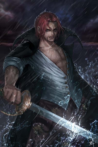 Anime picture 2352x3501 with one piece toei animation shanks pu reum lee single tall image looking at viewer highres short hair standing holding signed cloud (clouds) outdoors red hair night grey eyes scar rain partially open clothes