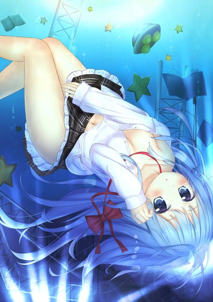 Anime picture 1285x1820 with denpa onna to seishun otoko shaft (studio) touwa erio wataru (zazazazazazawa) single long hair tall image blush blue eyes light erotic blue hair underwater girl skirt navel miniskirt shirt star (symbol) book (books) spacecraft