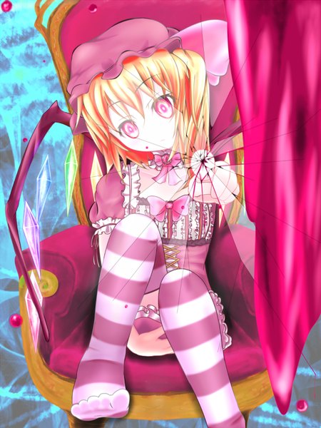 Anime picture 1200x1600 with touhou flandre scarlet key (pixiv1340842) single tall image looking at viewer fringe short hair light erotic blonde hair hair between eyes red eyes head tilt loli lolita fashion girl thighhighs hat striped thighhighs
