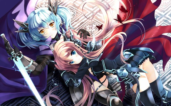 Anime picture 1500x938 with cardfight!! vanguard darkness maiden macha tartu (cardfight vanguard) xephonia long hair looking at viewer blue eyes light erotic smile wide image twintails yellow eyes blue hair pink hair on back sitting on person thighhighs gloves hair ornament weapon