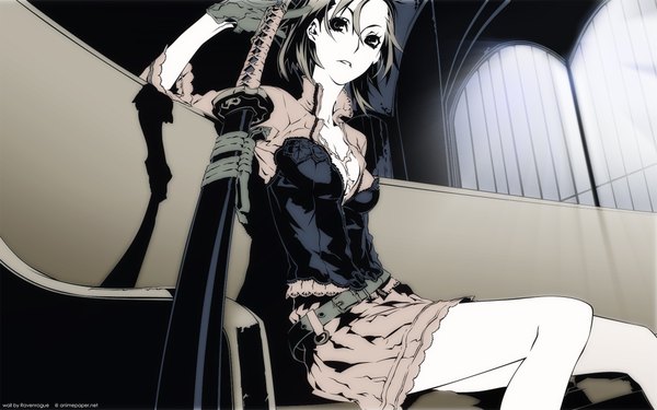 Anime picture 1920x1200 with dogs: bullets & carnage david production fuyumine naoto miwa shirow single highres open mouth blonde hair wide image sitting cleavage black eyes official art legs scar pale skin girl gloves miniskirt sword