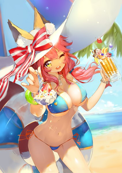 Anime picture 1000x1415 with fate (series) fate/grand order tamamo (fate) (all) tamamo no mae (swimsuit lancer) (fate) lincgart single long hair tall image looking at viewer fringe breasts light erotic hair between eyes large breasts animal ears yellow eyes pink hair tail animal tail one eye closed