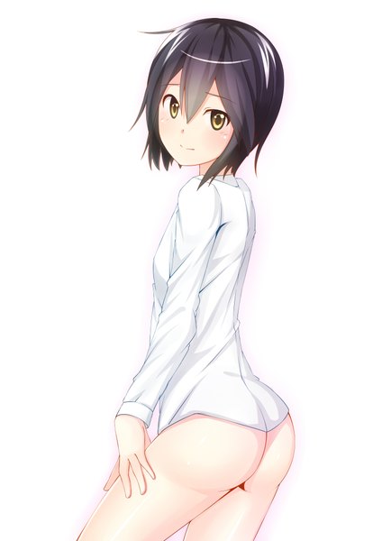 Anime picture 2893x4092 with kokoro connect silver link inaba himeko dacchi single tall image looking at viewer blush highres short hair light erotic black hair simple background white background yellow eyes ass looking back girl shirt