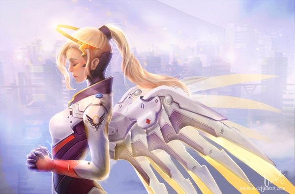 Anime picture 5314x3507 with overwatch blizzard entertainment mercy (overwatch) naninna single long hair fringe highres blonde hair signed absurdres upper body ponytail eyes closed profile mechanical wings girl wings building (buildings) bodysuit