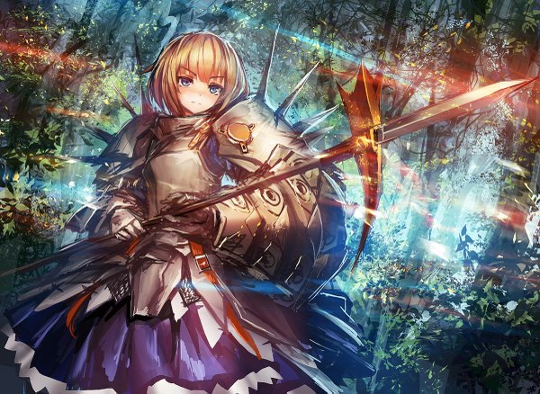 Anime picture 1200x877 with sekaiju no meikyuu tagme (character) lm7 (op-center) single short hair blue eyes blonde hair girl weapon plant (plants) tree (trees) armor spear armored dress