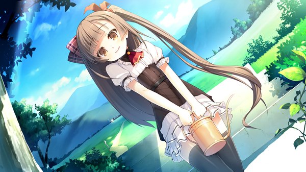 Anime picture 1156x650 with original nekomu single long hair looking at viewer brown hair wide image brown eyes sky cloud (clouds) girl thighhighs dress bow black thighhighs plant (plants) hair bow tree (trees) leaf (leaves) watering can