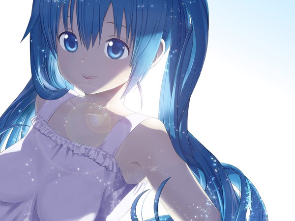 Anime picture 1400x1050 with vocaloid hatsune miku filtration (artist) single long hair simple background smile twintails aqua eyes aqua hair girl sundress