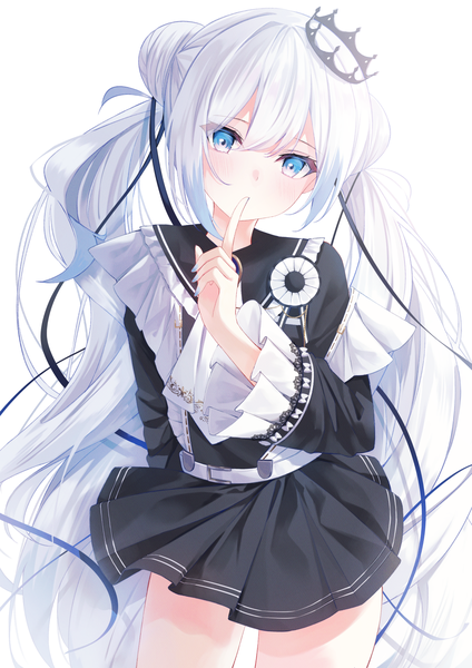 Anime picture 1158x1637 with virtual youtuber indie virtual youtuber petr petrichor yuzuno kaori single tall image looking at viewer blush fringe blue eyes simple background hair between eyes white background twintails silver hair very long hair nail polish head tilt hair bun (hair buns) finger to mouth