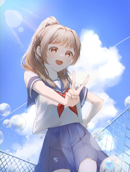 Anime picture 5715x7547 with original yeoni mon single long hair tall image looking at viewer blush fringe highres open mouth brown hair standing brown eyes absurdres sky cloud (clouds) outdoors ponytail :d pleated skirt