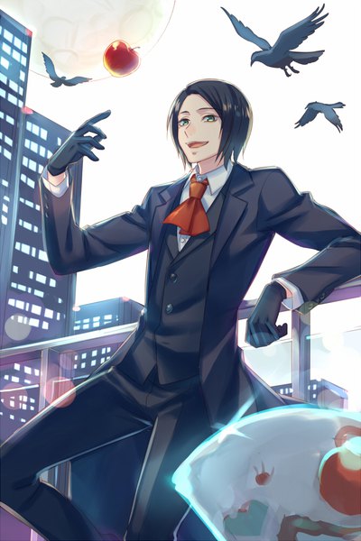Anime picture 666x1000 with tokyo ghoul studio pierrot washuu kichimura zoff (daria) single tall image looking at viewer short hair open mouth black hair smile standing green eyes outdoors teeth lens flare city boy gloves animal