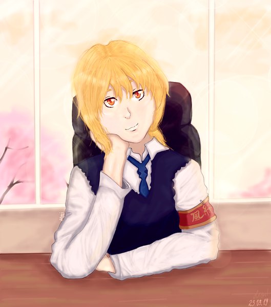 Anime picture 750x850 with original leysi-kitsune single tall image looking at viewer fringe short hair blonde hair smile hair between eyes signed upper body head tilt orange eyes dated chin rest girl shirt necktie window