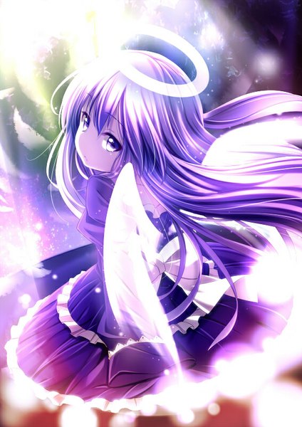 Anime picture 566x800 with touhou zombie fairy sui. (ayase) single long hair tall image looking at viewer fringe purple eyes purple hair looking back light angel wings girl dress wings feather (feathers) halo