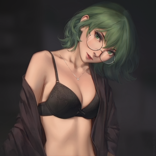 Anime picture 1380x1380 with tokyo ghoul studio pierrot eto (tokyo ghoul) miura-n315 single looking at viewer fringe short hair breasts light erotic simple background large breasts standing green eyes cleavage upper body parted lips head tilt green hair realistic