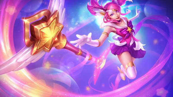 Anime picture 1920x1080 with league of legends lux (league of legends) star guardian lux miasus (jean go) single fringe highres short hair open mouth smile wide image purple eyes pink hair purple hair official art eyebrows girl thighhighs dress skirt