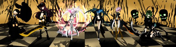 Anime picture 5588x1515 with black rock shooter black rock shooter (character) dead master strength (black rock shooter) black gold saw kuroi mato white rock shooter nana gray long hair looking at viewer highres short hair open mouth blue eyes black hair smile red eyes wide image multiple girls green eyes