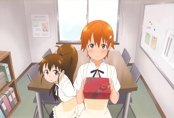 Anime picture 4055x2764 with working!! a-1 pictures taneshima popura inami mahiru adachi shingo long hair looking at viewer blush highres short hair brown hair multiple girls brown eyes absurdres scan orange hair girl 2 girls window apron