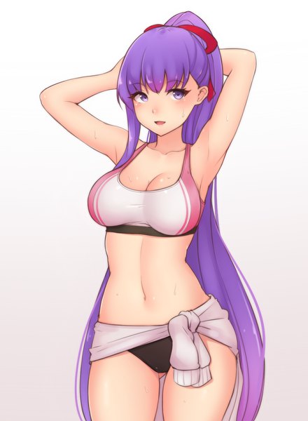 Anime picture 1060x1446 with fate (series) fate/extra fate/extra ccc bb (fate) (all) bb (fate/extra) bluefield single tall image looking at viewer blush fringe breasts open mouth light erotic simple background smile standing purple eyes cleavage purple hair
