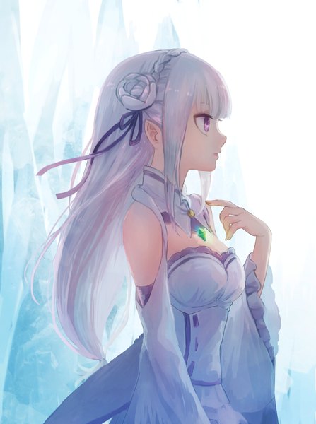 Anime picture 700x940 with re:zero kara hajimeru isekai seikatsu white fox emilia (re:zero) shake sawa single long hair tall image fringe purple eyes payot looking away silver hair blunt bangs braid (braids) parted lips profile arm up pointy ears wide sleeves glow