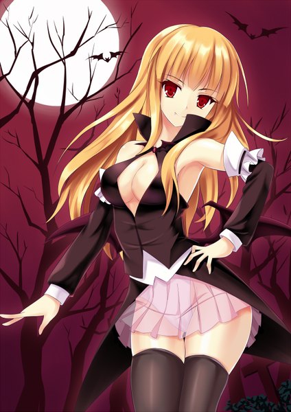 Anime picture 1100x1555 with original zi se single long hair tall image looking at viewer breasts light erotic blonde hair red eyes girl thighhighs dress black thighhighs plant (plants) detached sleeves miniskirt wings tree (trees) moon