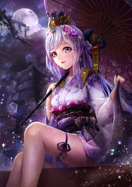 Anime picture 2077x2953 with original lunacle single long hair tall image looking at viewer highres sitting purple eyes holding payot purple hair braid (braids) traditional clothes parted lips japanese clothes hair flower night from below hair bun (hair buns)