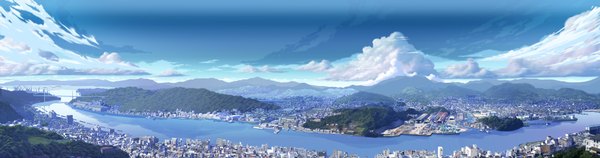 Anime picture 3788x1000 with teirumon highres wide image absurdres sky cloud (clouds) cityscape landscape river nature panorama tree (trees) forest bridge