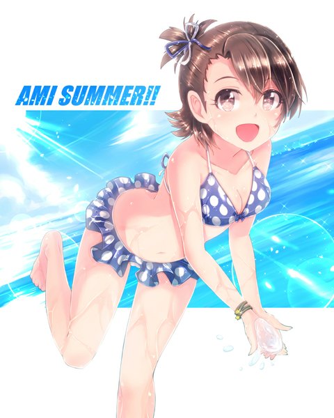 Anime picture 765x956 with idolmaster futami ami ima (lm ew) single tall image blush short hair open mouth light erotic smile brown hair brown eyes sky cloud (clouds) :d sunlight inscription wet character names side ponytail