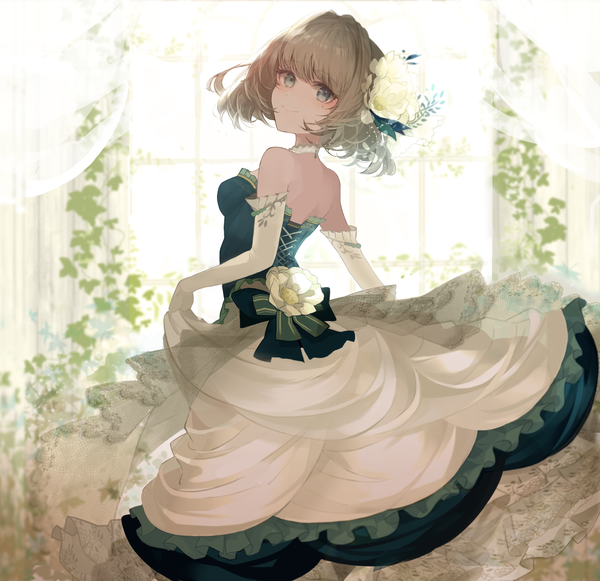 Anime-Bild 2736x2652 mit idolmaster idolmaster cinderella girls takagaki kaede kobayuu single looking at viewer fringe highres short hair blue eyes smile hair between eyes brown hair standing bare shoulders green eyes looking back hair flower mole mole under eye