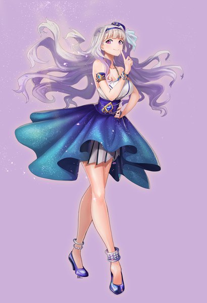 Anime picture 701x1024 with idolmaster shijou takane etidekailo single long hair tall image looking at viewer blush fringe simple background standing purple eyes bare shoulders silver hair full body blunt bangs high heels hand on hip floating hair finger to mouth