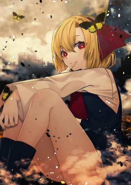 Anime picture 800x1130 with touhou rumia renkarua single tall image looking at viewer fringe short hair light erotic blonde hair hair between eyes red eyes sitting eating butterfly on hand girl food sweets insect butterfly