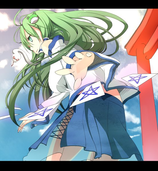 Anime picture 1500x1627 with touhou kochiya sanae haine single long hair tall image sky cloud (clouds) aqua eyes aqua hair letterboxed girl detached sleeves snake torii frog