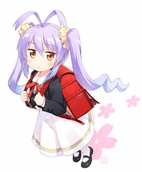 Anime picture 705x855 with non non biyori silver link miyauchi renge kito (sorahate) single long hair tall image looking at viewer blush fringe twintails brown eyes purple hair ahoge loli girl dress uniform hair ornament flower (flowers)