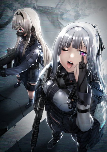Anime picture 868x1228 with girls frontline ak-12 (girls frontline) an-94 (girls frontline) rin (028ilc) long hair tall image looking at viewer fringe open mouth blonde hair hair between eyes standing purple eyes multiple girls holding payot looking away silver hair full body ponytail