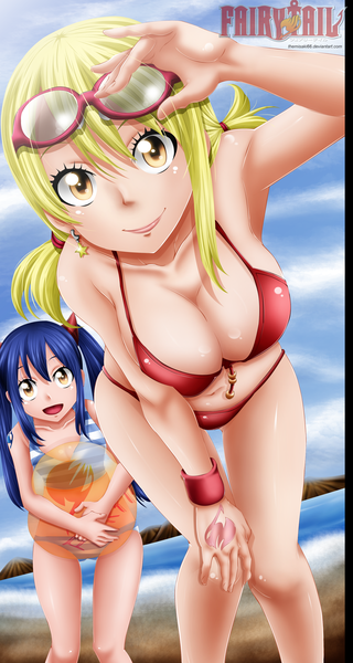 Anime picture 2000x3750 with fairy tail lucy heartfilia wendy marvell themisaki66 long hair tall image highres open mouth light erotic blonde hair smile twintails multiple girls yellow eyes blue hair sky cloud (clouds) inscription tattoo coloring