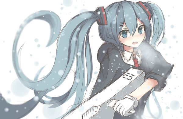 Anime picture 1300x850 with vocaloid hatsune miku inddeed single looking at viewer blush open mouth blue eyes white background twintails blue hair very long hair snowing winter exhalation girl gloves weapon jacket white gloves