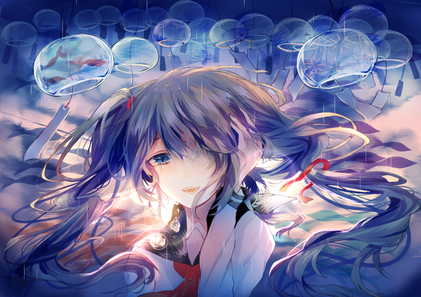 Anime picture 2240x1584 with vocaloid hatsune miku krytest single long hair looking at viewer fringe highres open mouth blue eyes smile blue hair upper body head tilt wind hair over one eye tears lens flare side ponytail adjusting hair