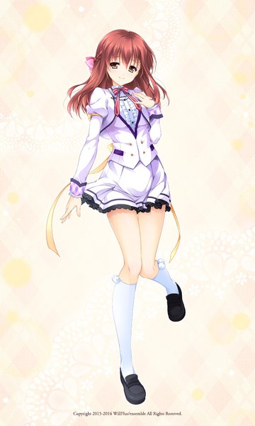 Anime picture 600x1000 with otome ga irodoru koi no essence asakura chihiro single long hair tall image looking at viewer blush fringe brown hair standing brown eyes head tilt light smile official art outstretched arm hand on chest standing on one leg frilly skirt otoko no ko knees touching
