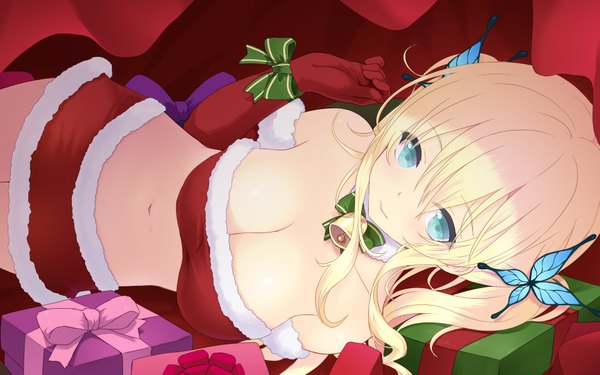 Anime picture 1920x1200 with boku wa tomodachi ga sukunai kashiwazaki sena cait single long hair looking at viewer blush highres breasts blue eyes light erotic blonde hair large breasts twintails cleavage christmas girl skirt gloves hair ornament