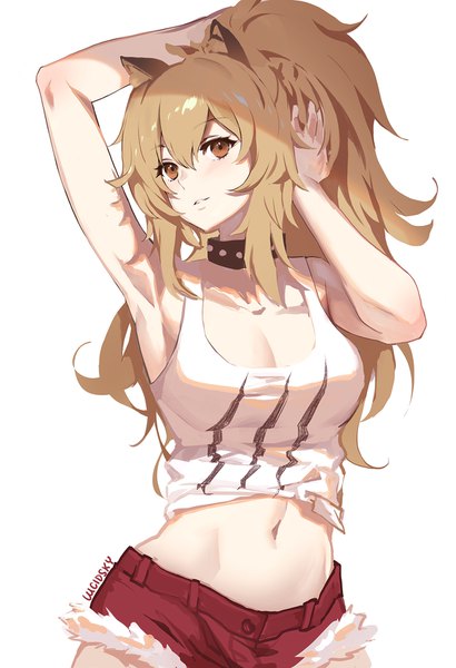 Anime picture 1200x1754 with arknights siege (arknights) lucidsky single long hair tall image fringe light erotic simple background hair between eyes brown hair white background brown eyes signed animal ears cleavage ponytail arms up armpit (armpits) midriff