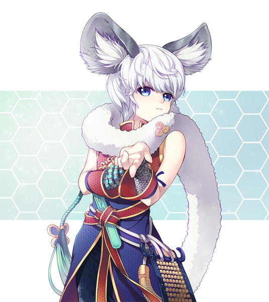 Anime picture 800x896 with blade & soul cm single tall image looking at viewer fringe short hair blue eyes simple background standing animal ears white hair traditional clothes japanese clothes boy