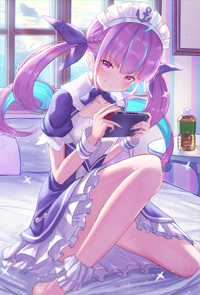 Anime picture 2276x3361 with virtual youtuber hololive nintendo minato aqua minato aqua (1st costume) hayataku1234 single long hair tall image looking at viewer blush fringe highres light erotic smile hair between eyes sitting purple eyes twintails payot