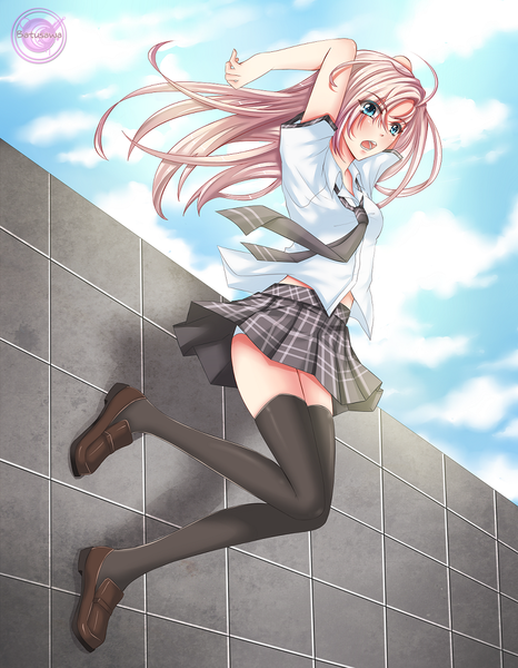 Anime picture 929x1194 with original batusawa (artist) single long hair tall image blush open mouth blue eyes light erotic looking away pink hair sky cloud (clouds) wind plaid skirt screaming girl thighhighs skirt uniform