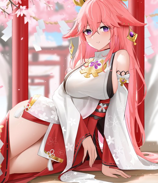 Anime picture 4670x5405 with genshin impact yae miko qing wu single long hair tall image looking at viewer fringe highres breasts light erotic hair between eyes large breasts sitting purple eyes bare shoulders animal ears pink hair absurdres outdoors