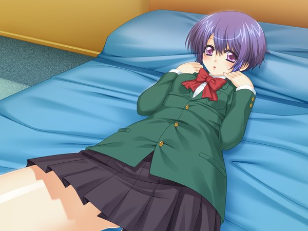 Anime picture 1024x768 with futari wa my angel short hair light erotic purple eyes blue hair game cg lying girl skirt uniform school uniform miniskirt bowtie