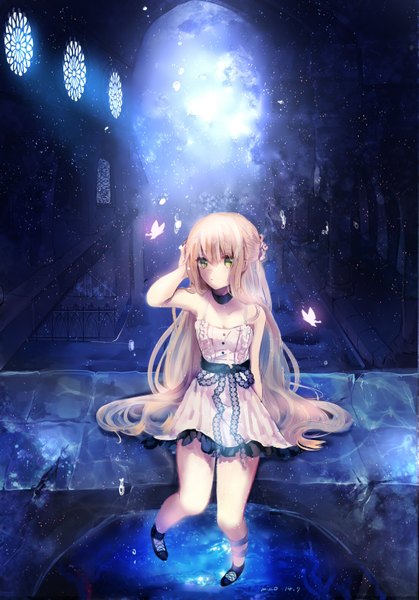 Anime picture 1100x1576 with original miko (pixiv) single long hair tall image blush blonde hair sitting bare shoulders green eyes looking away cleavage sunlight arm behind head girl dress water window insect butterfly