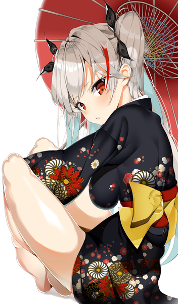 Anime picture 1500x2550 with azur lane prinz eugen (azur lane) nue0 single long hair tall image looking at viewer blush fringe breasts light erotic simple background hair between eyes red eyes white background sitting holding silver hair full body red hair