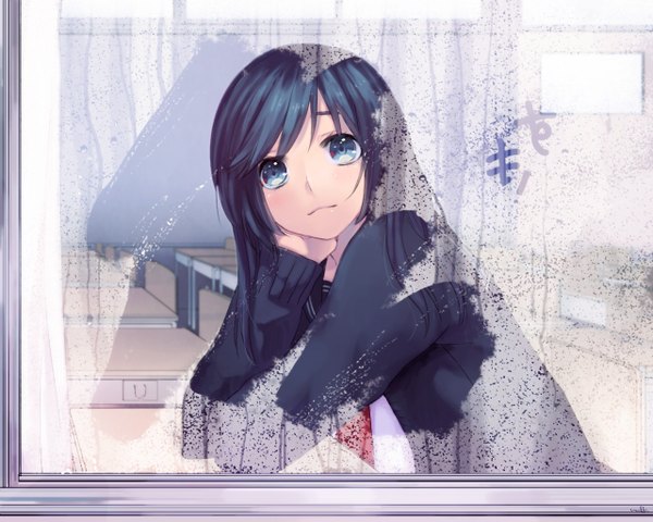 Anime picture 1280x1024 with original mdk (m-kuri) single long hair sitting blue hair light smile wet looking up head rest girl uniform school uniform window school