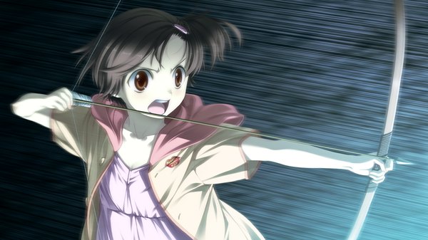 Anime picture 1024x576 with suigetsu 2 short hair open mouth brown hair wide image brown eyes game cg girl bow (weapon)