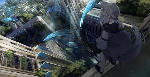 Anime picture 1922x992 with original nagishiro mito single long hair looking at viewer fringe highres blue eyes wide image standing animal ears payot silver hair full body tail animal tail looking back from above fox ears city
