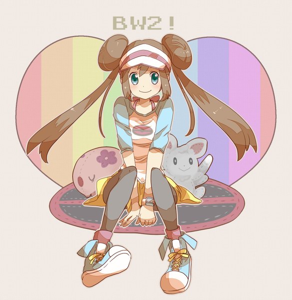 Anime picture 1623x1665 with pokemon pokemon black and white nintendo rosa (pokemon) minccino munna nago celica single long hair tall image looking at viewer blush blue eyes smile brown hair sitting twintails hair bun (hair buns) gen 5 pokemon girl