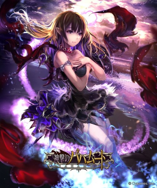 Anime picture 743x891 with shingeki no bahamut jname single long hair tall image fringe breasts brown hair purple eyes bare shoulders looking away sky cloud (clouds) bent knee (knees) pointy ears girl dress detached sleeves necklace purple dress